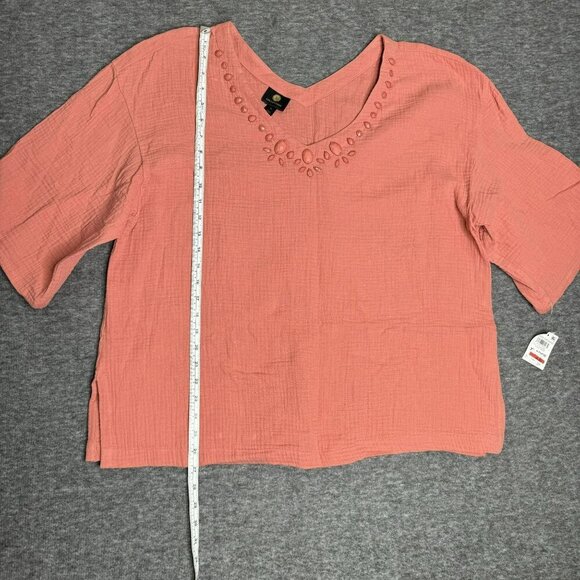 JM Collection XL Burnt Coral Woven‎ Top Gem Embellishments V-Neck Short Sleeves - Picture 6 of 7